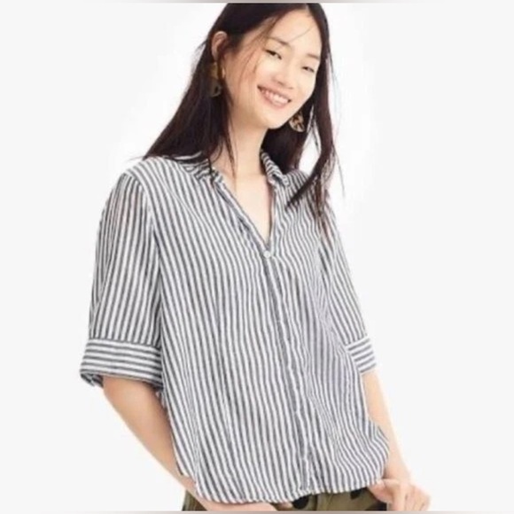 J. Crew Tall Gray & White Stripe Short Sleeve Button Down XXS.   A-429 - Picture 1 of 6